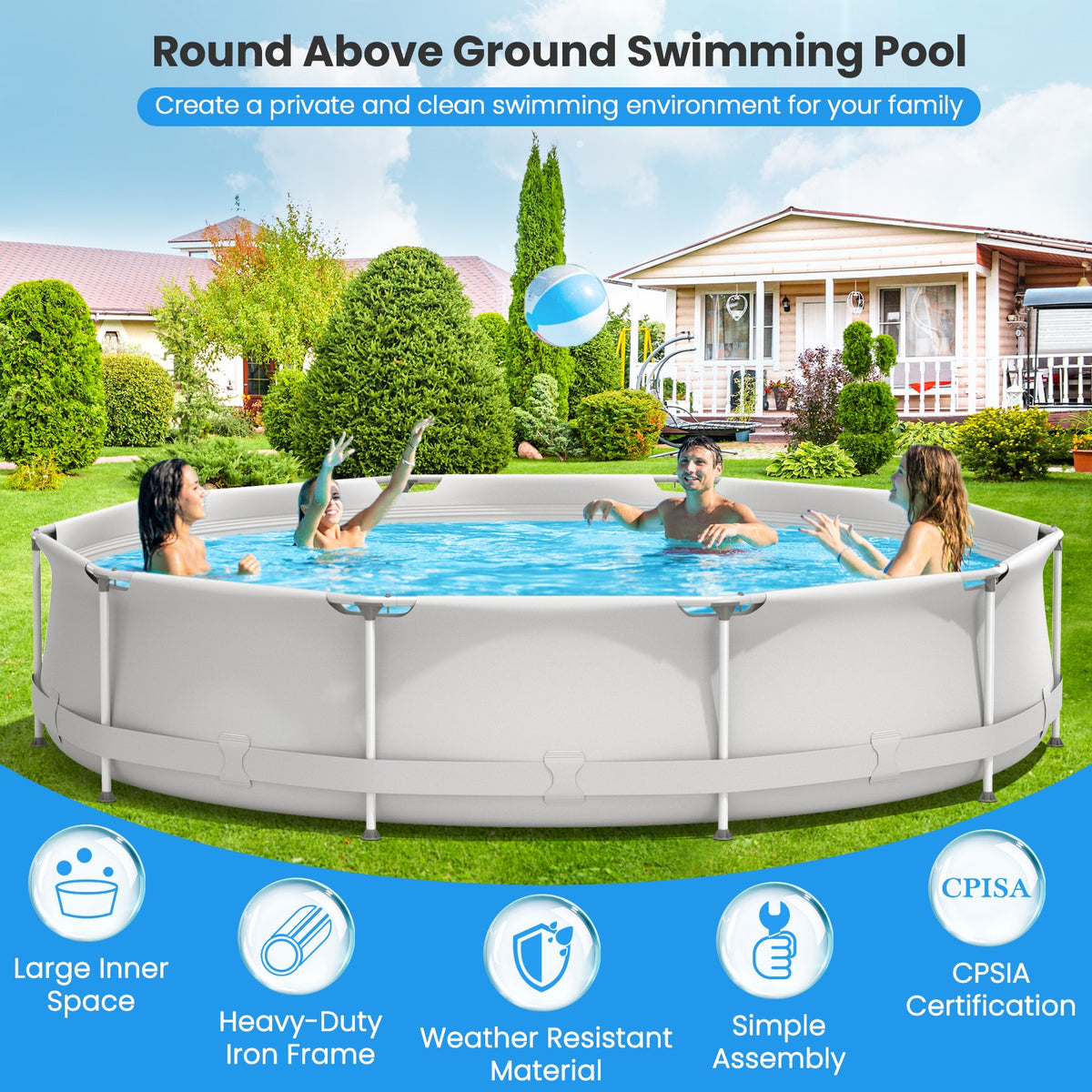 Round Above Ground Swimming Pool With Pool Cover-Gray-Swimming Pools-DECOROLALA