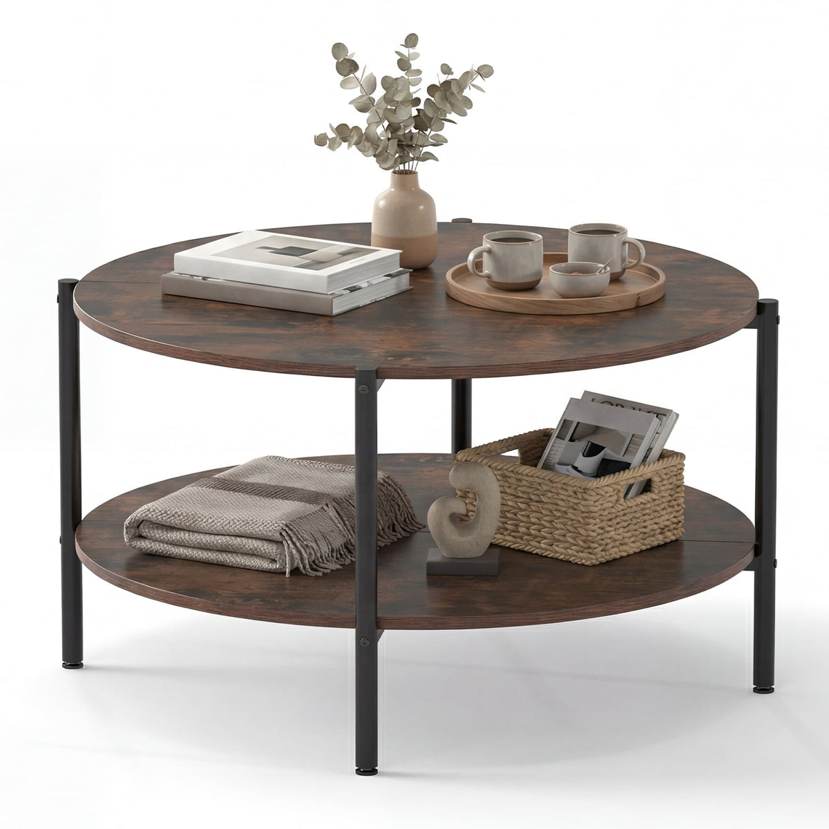 Round Coffee Table 2-Tier Industrial Accent Table with Open Storage Shelf-Rustic Brown-Coffee Tables-DECOROLALA