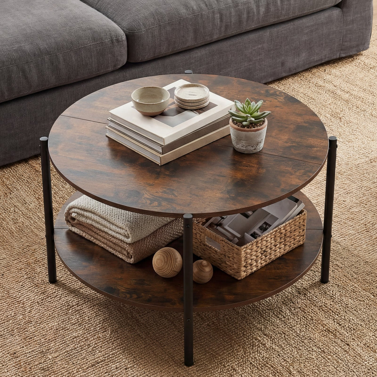 Round Coffee Table 2-Tier Industrial Accent Table with Open Storage Shelf-Rustic Brown-Coffee Tables-DECOROLALA