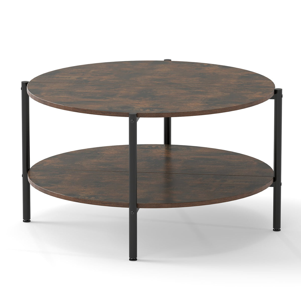 Round Coffee Table 2-Tier Industrial Accent Table with Open Storage Shelf-Rustic Brown-Coffee Tables-DECOROLALA