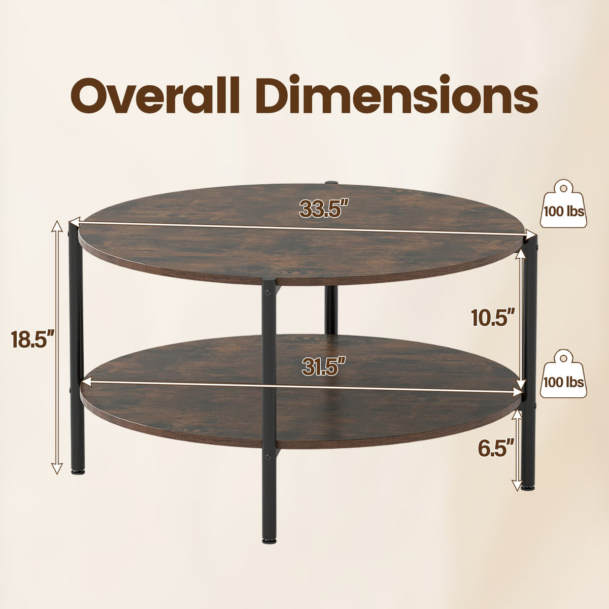Round Coffee Table 2-Tier Industrial Accent Table with Open Storage Shelf-Rustic Brown-Coffee Tables-DECOROLALA