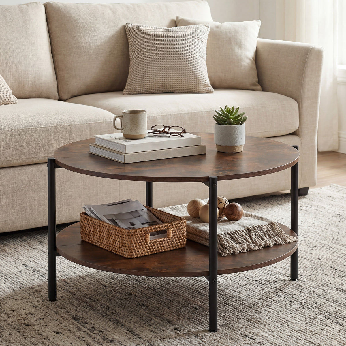 Round Coffee Table 2-Tier Industrial Accent Table with Open Storage Shelf-Rustic Brown-Coffee Tables-DECOROLALA