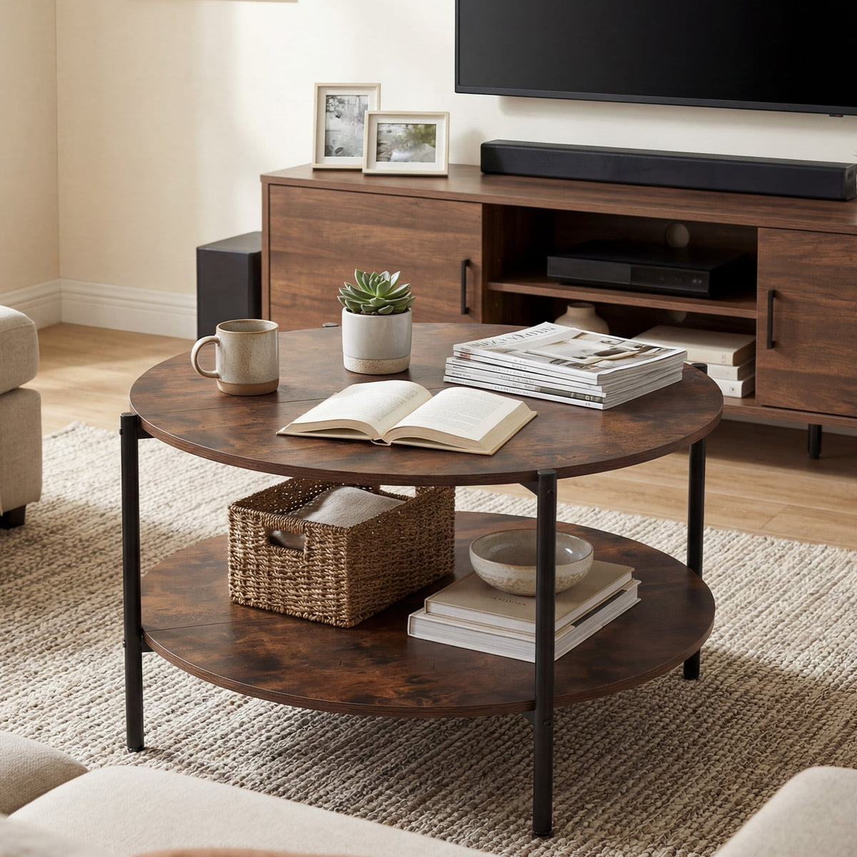Round Coffee Table 2-Tier Industrial Accent Table with Open Storage Shelf-Rustic Brown-Coffee Tables-DECOROLALA