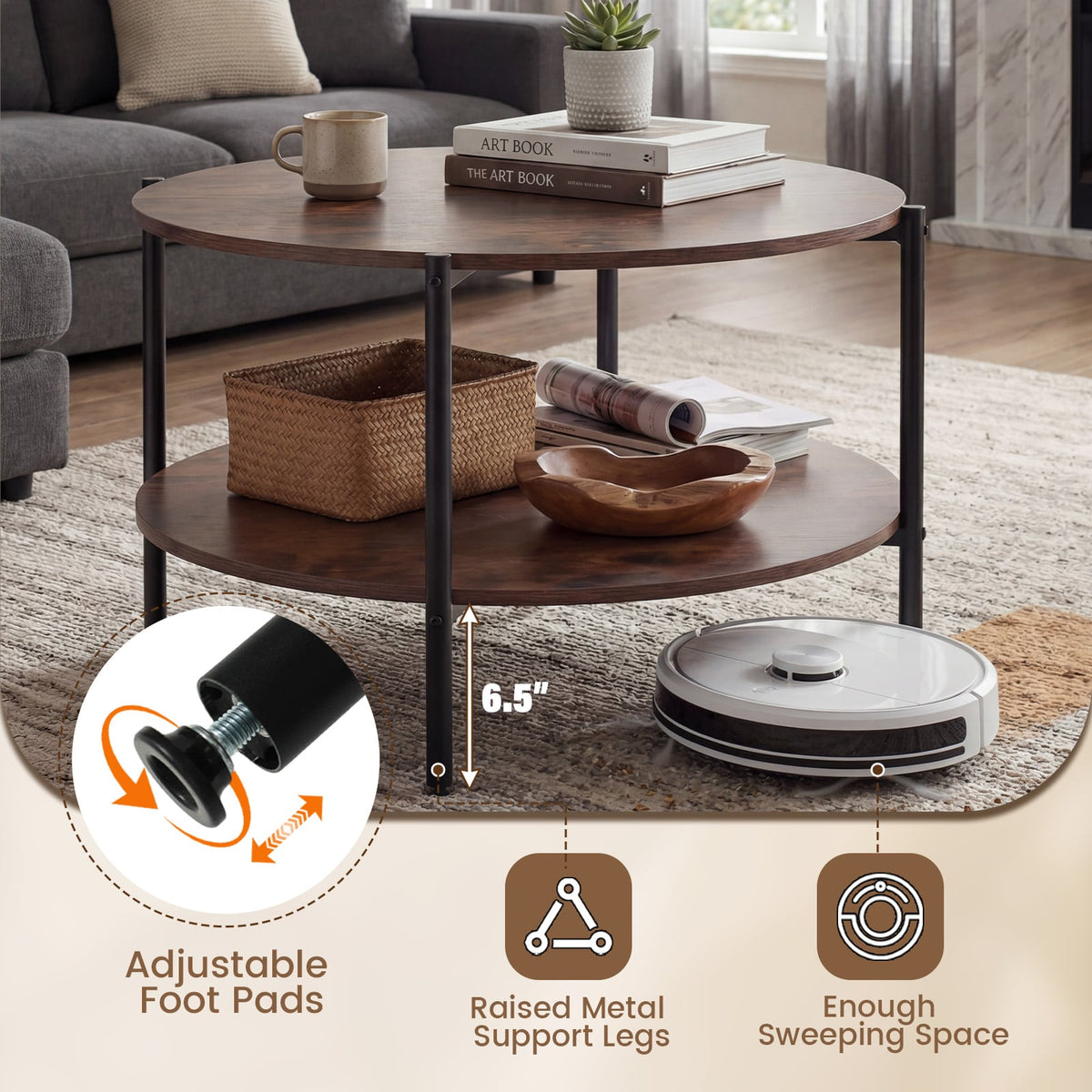 Round Coffee Table 2-Tier Industrial Accent Table with Open Storage Shelf-Rustic Brown-Coffee Tables-DECOROLALA