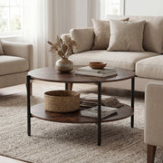 Round Coffee Table 2-Tier Industrial Accent Table with Open Storage Shelf-Rustic Brown-Coffee Tables-DECOROLALA