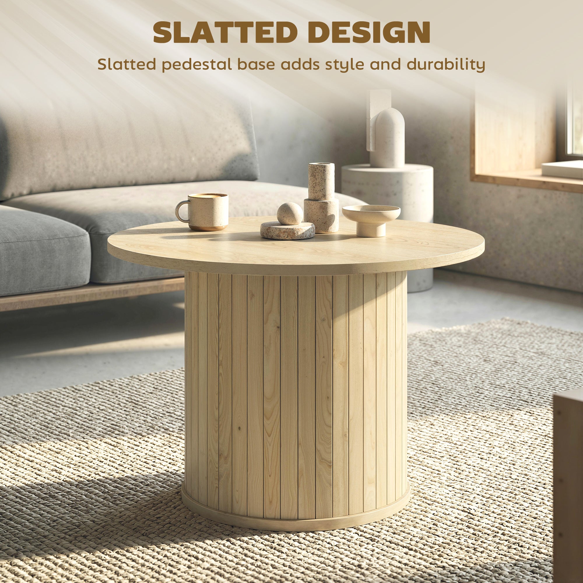 Round Coffee Table - 24" Natural Wood Slatted Pedestal Base-Home Furnishings > Living Room Furniture > Coffee Tables-DECOROLALA