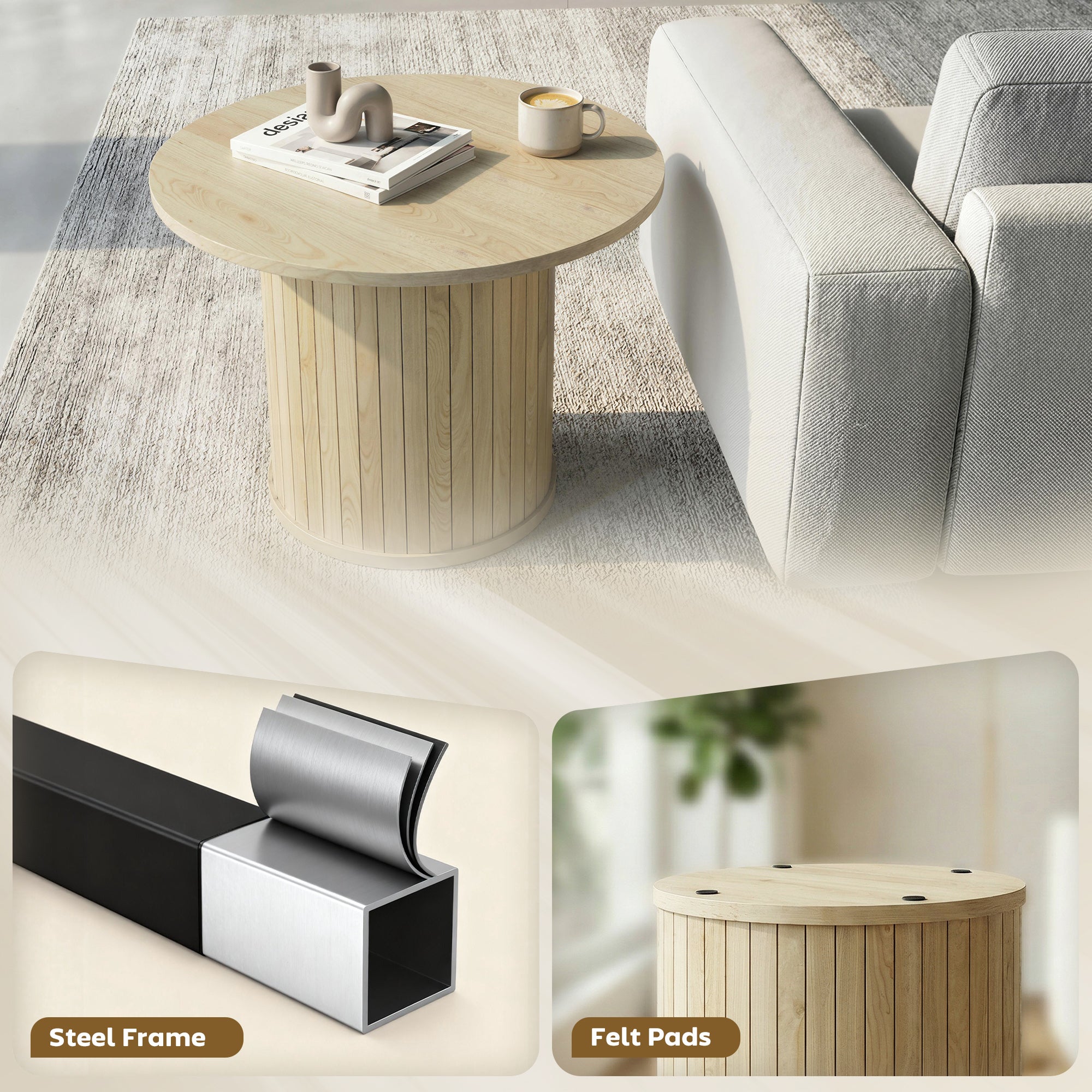 Round Coffee Table - 24" Natural Wood Slatted Pedestal Base-Home Furnishings > Living Room Furniture > Coffee Tables-DECOROLALA