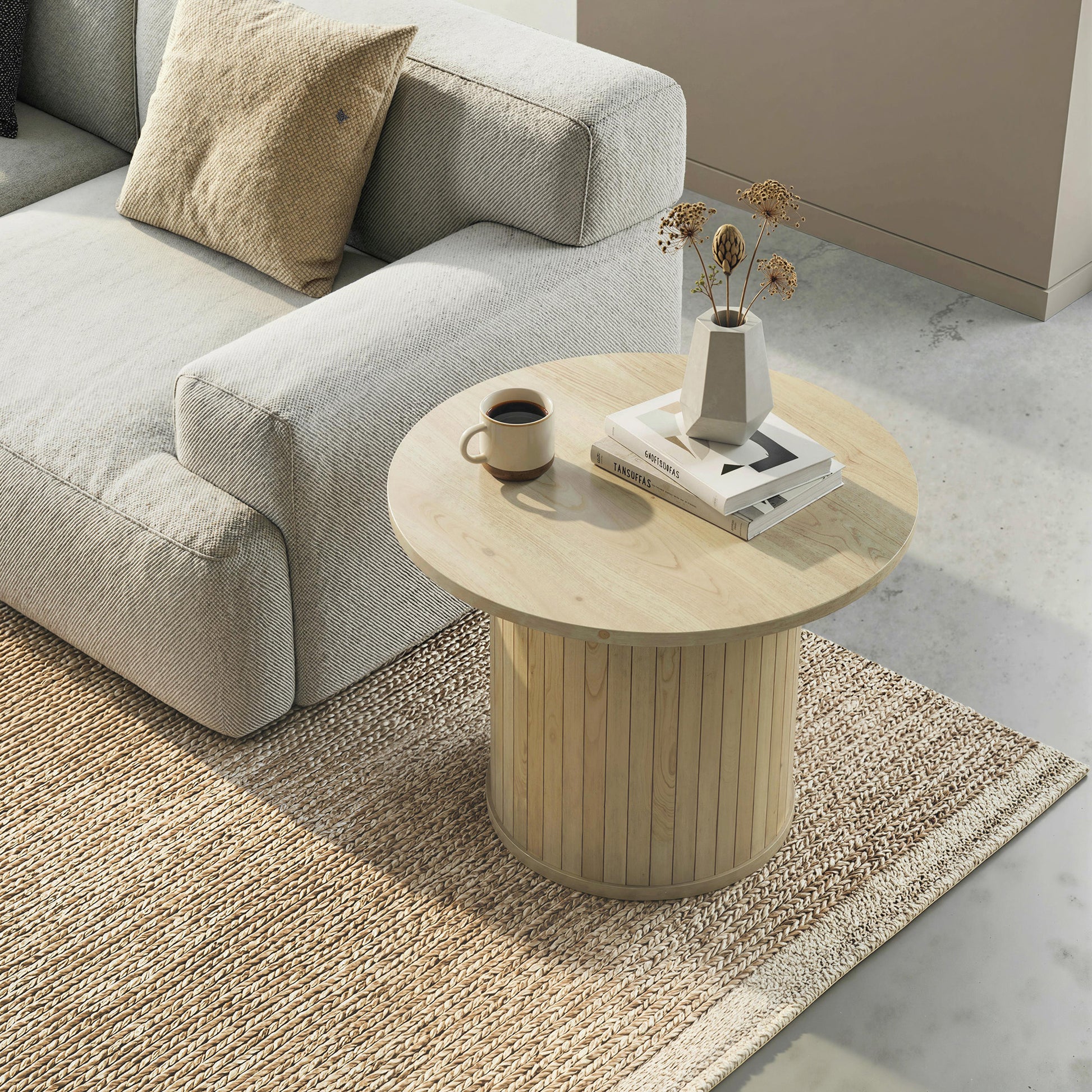 Round Coffee Table - 24" Natural Wood Slatted Pedestal Base-Home Furnishings > Living Room Furniture > Coffee Tables-DECOROLALA