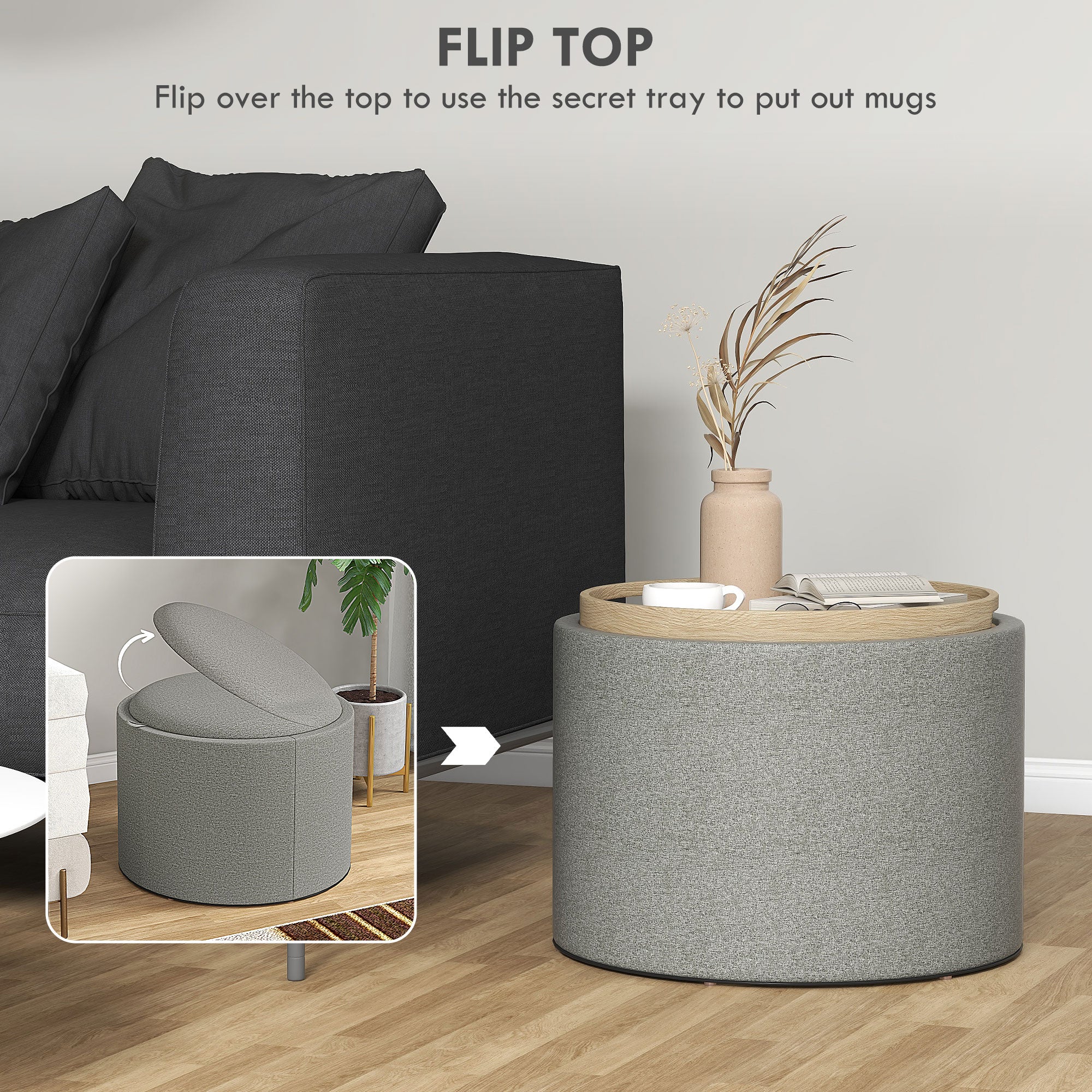 Round Coffee Table, End Table with Hidden Storage and Tray Top, Linen Upholstered Footrest for Living Room-Home Furnishings > Living Room Furniture > Coffee Tables-DECOROLALA