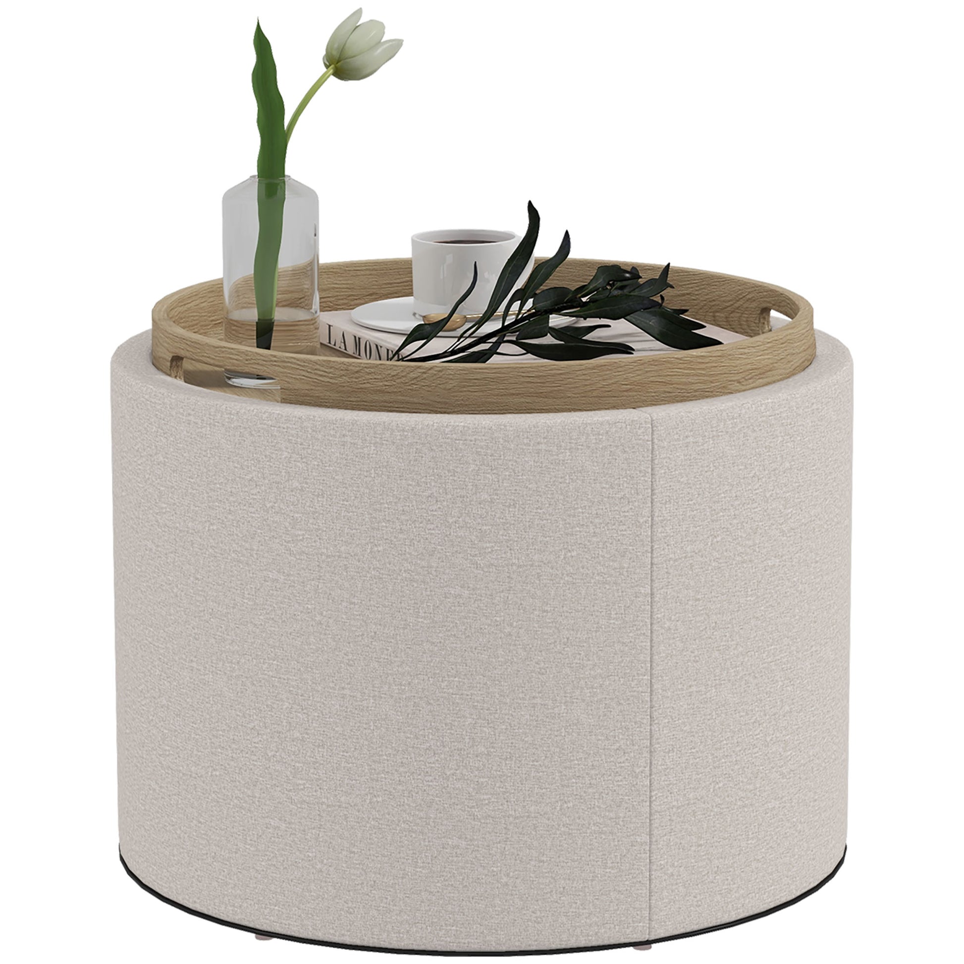 Round Coffee Table, End Table with Hidden Storage and Tray Top, Linen Upholstered Footrest for Living Room-Home Furnishings > Living Room Furniture > Coffee Tables-DECOROLALA