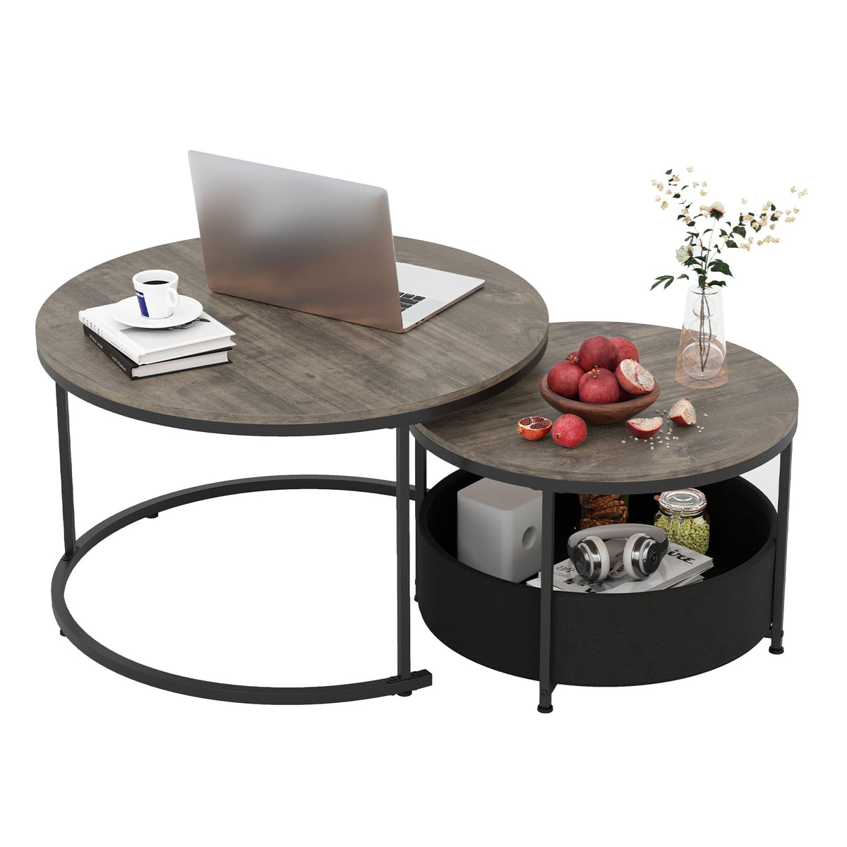 Round Coffee Table Set of 2 31.5" and 24" Circle Cocktail Table with Fabric Storage Basket-Gray-Coffee Tables-DECOROLALA