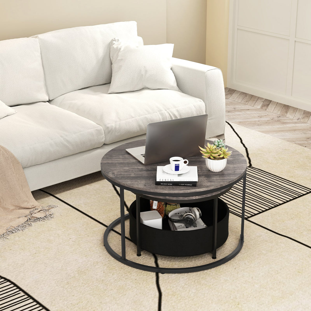 Round Coffee Table Set of 2 31.5" and 24" Circle Cocktail Table with Fabric Storage Basket-Gray-Coffee Tables-DECOROLALA