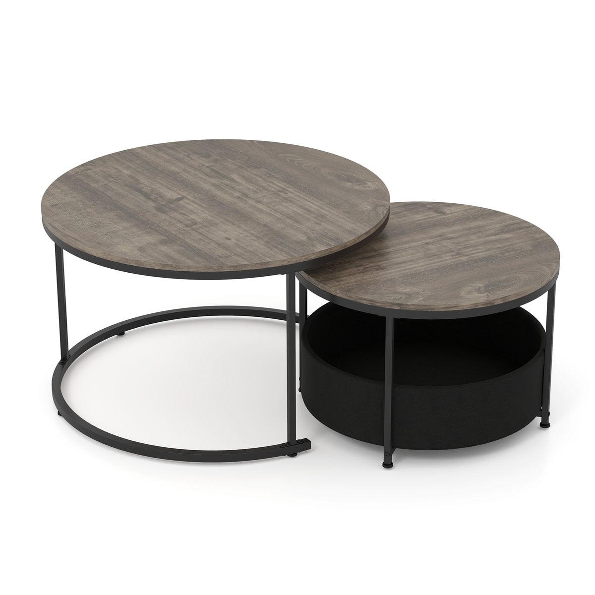 Round Coffee Table Set of 2 31.5" and 24" Circle Cocktail Table with Fabric Storage Basket-Gray-Coffee Tables-DECOROLALA