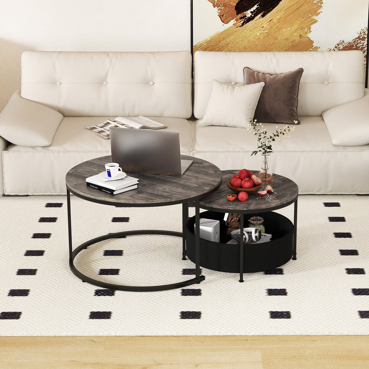 Round Coffee Table Set of 2 31.5" and 24" Circle Cocktail Table with Fabric Storage Basket-Gray-Coffee Tables-DECOROLALA