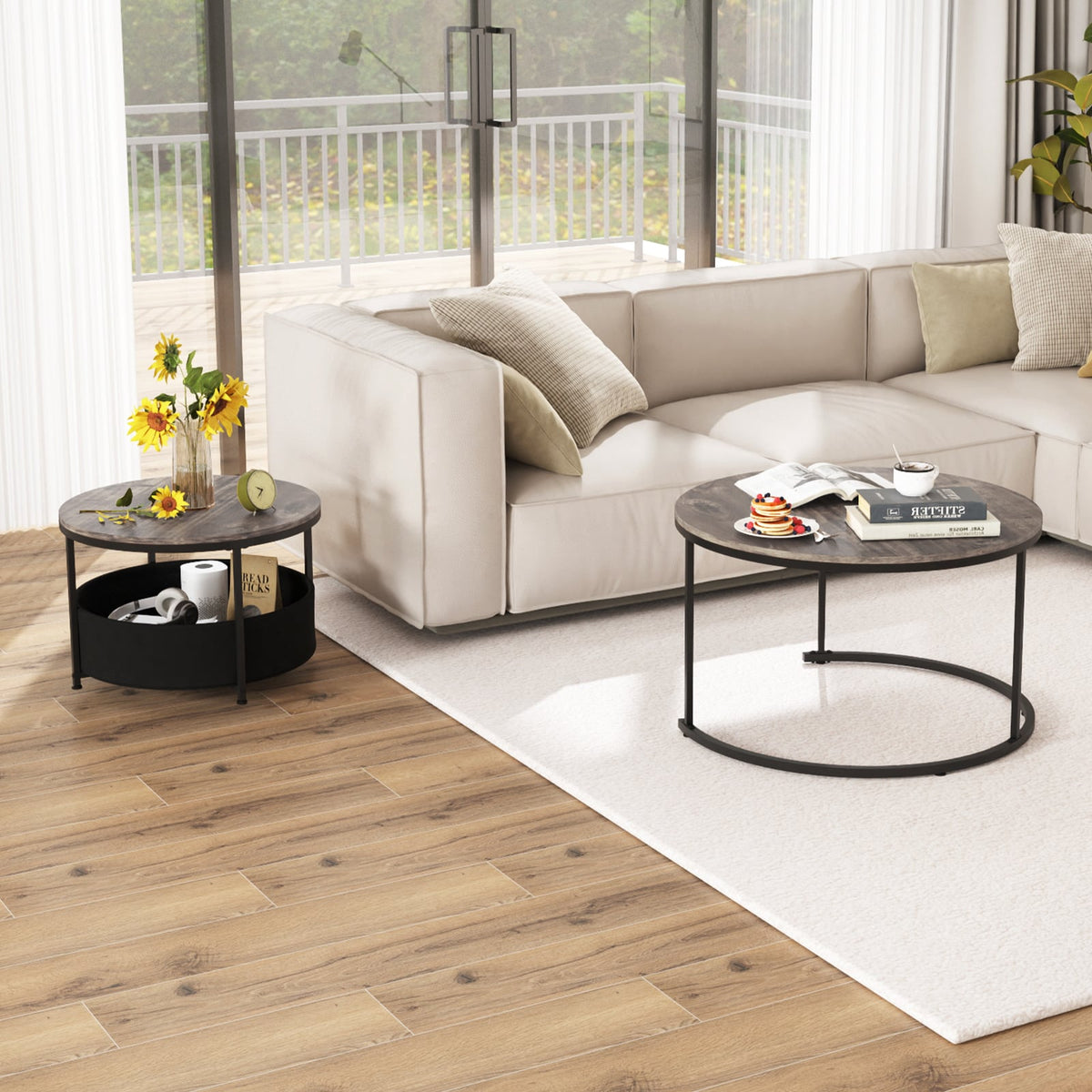 Round Coffee Table Set of 2 31.5" and 24" Circle Cocktail Table with Fabric Storage Basket-Gray-Coffee Tables-DECOROLALA
