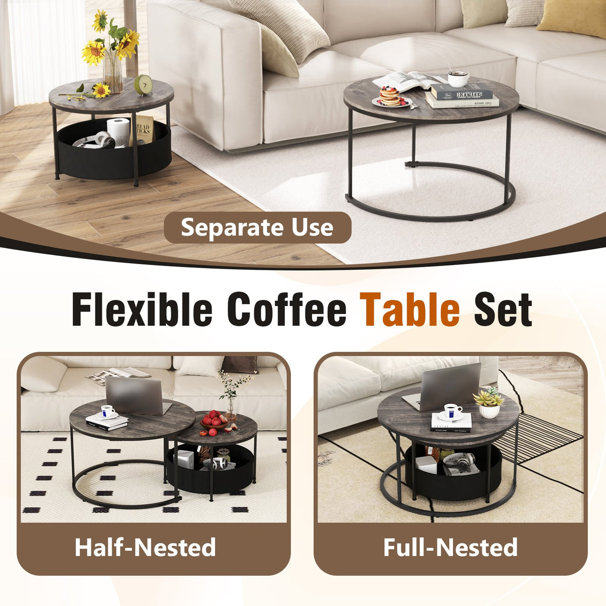 Round Coffee Table Set of 2 31.5" and 24" Circle Cocktail Table with Fabric Storage Basket-Gray-Coffee Tables-DECOROLALA