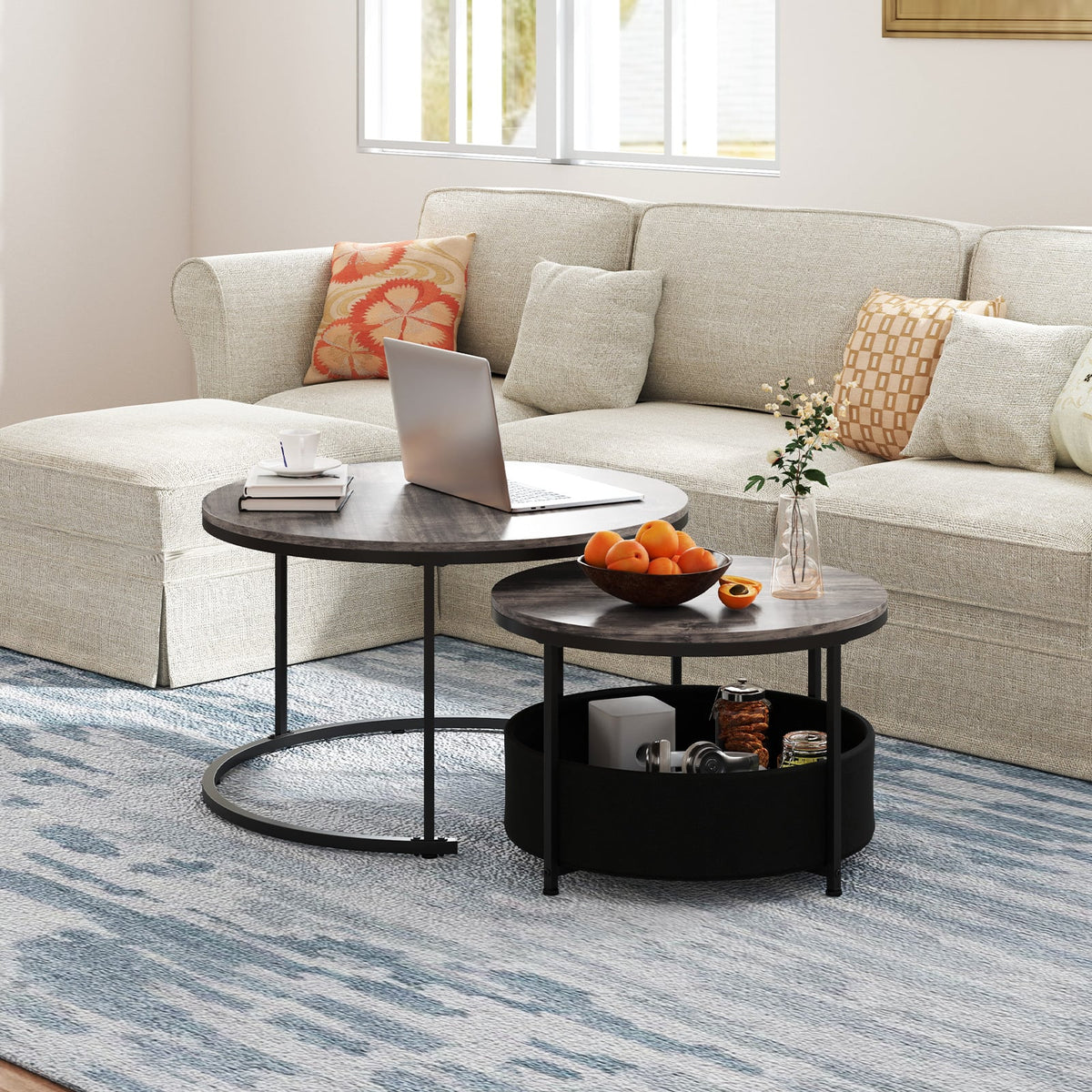 Round Coffee Table Set of 2 31.5" and 24" Circle Cocktail Table with Fabric Storage Basket-Gray-Coffee Tables-DECOROLALA