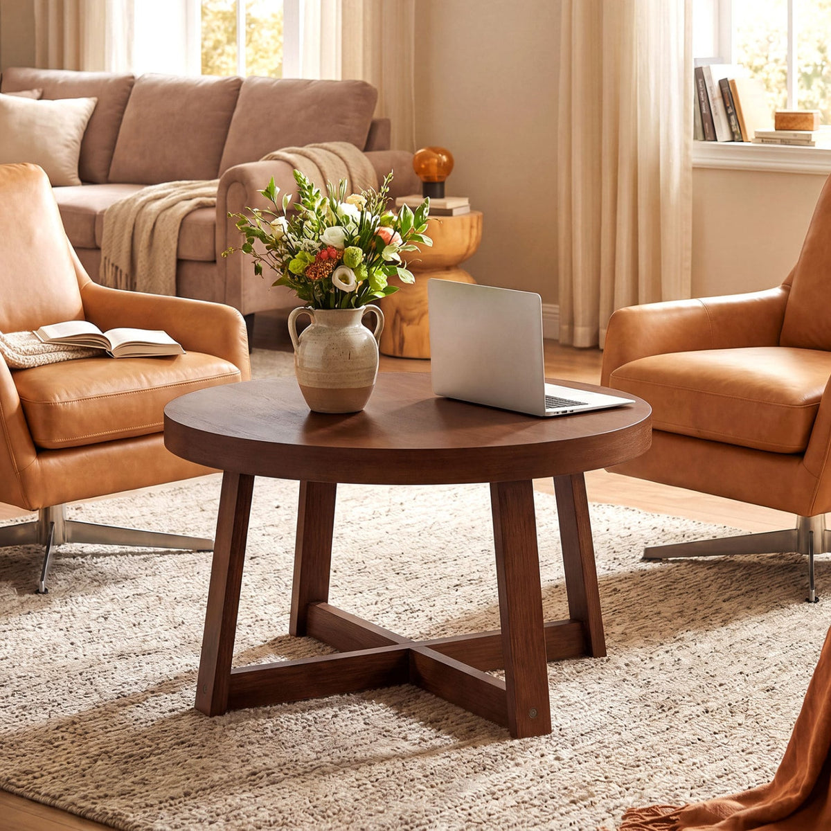 Round Coffee Table for Living Room 30 inch Farmhouse Accent Table with Study Rubber Wood Legs-Walnut-Coffee Tables-DECOROLALA