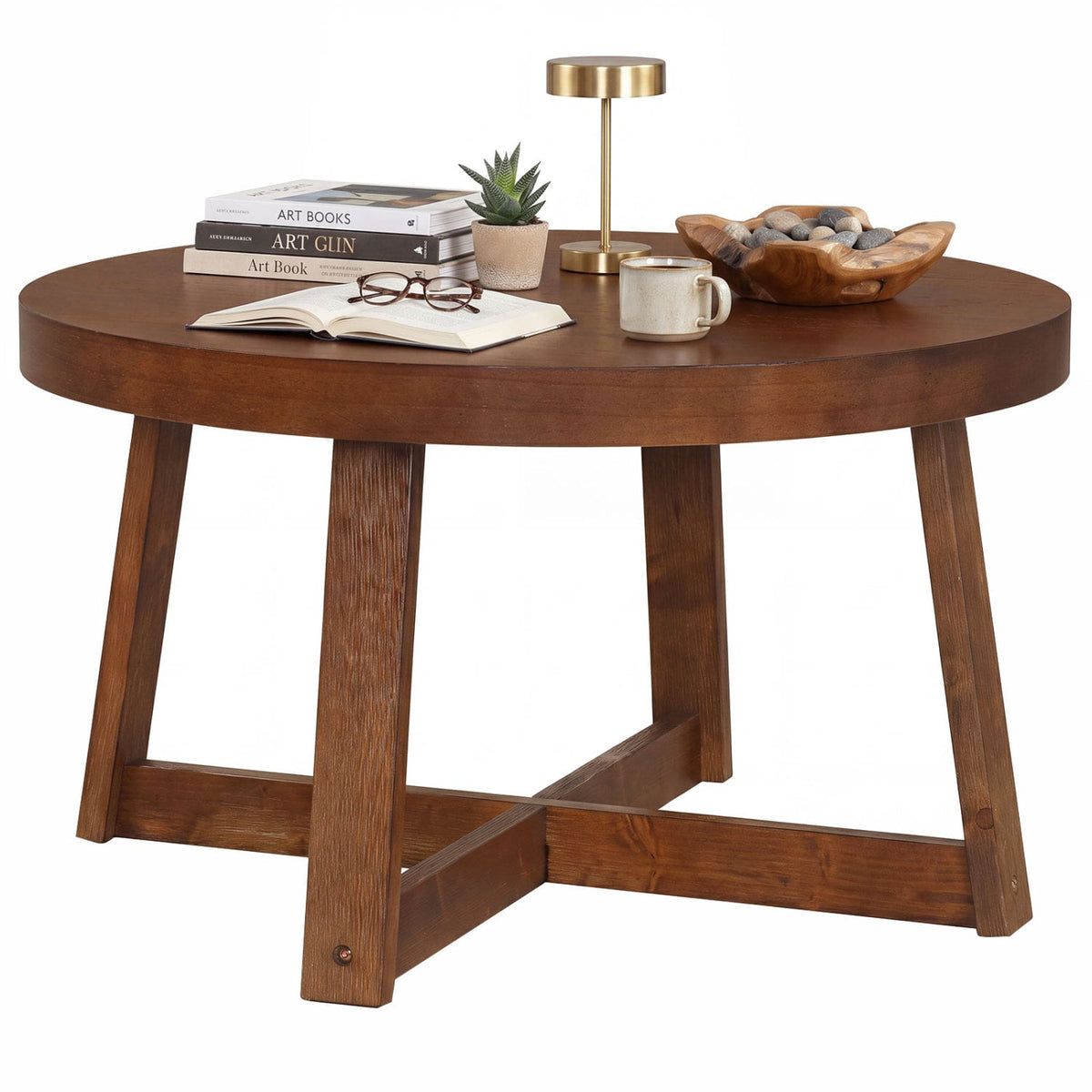 Round Coffee Table for Living Room 30 inch Farmhouse Accent Table with Study Rubber Wood Legs-Walnut-Coffee Tables-DECOROLALA