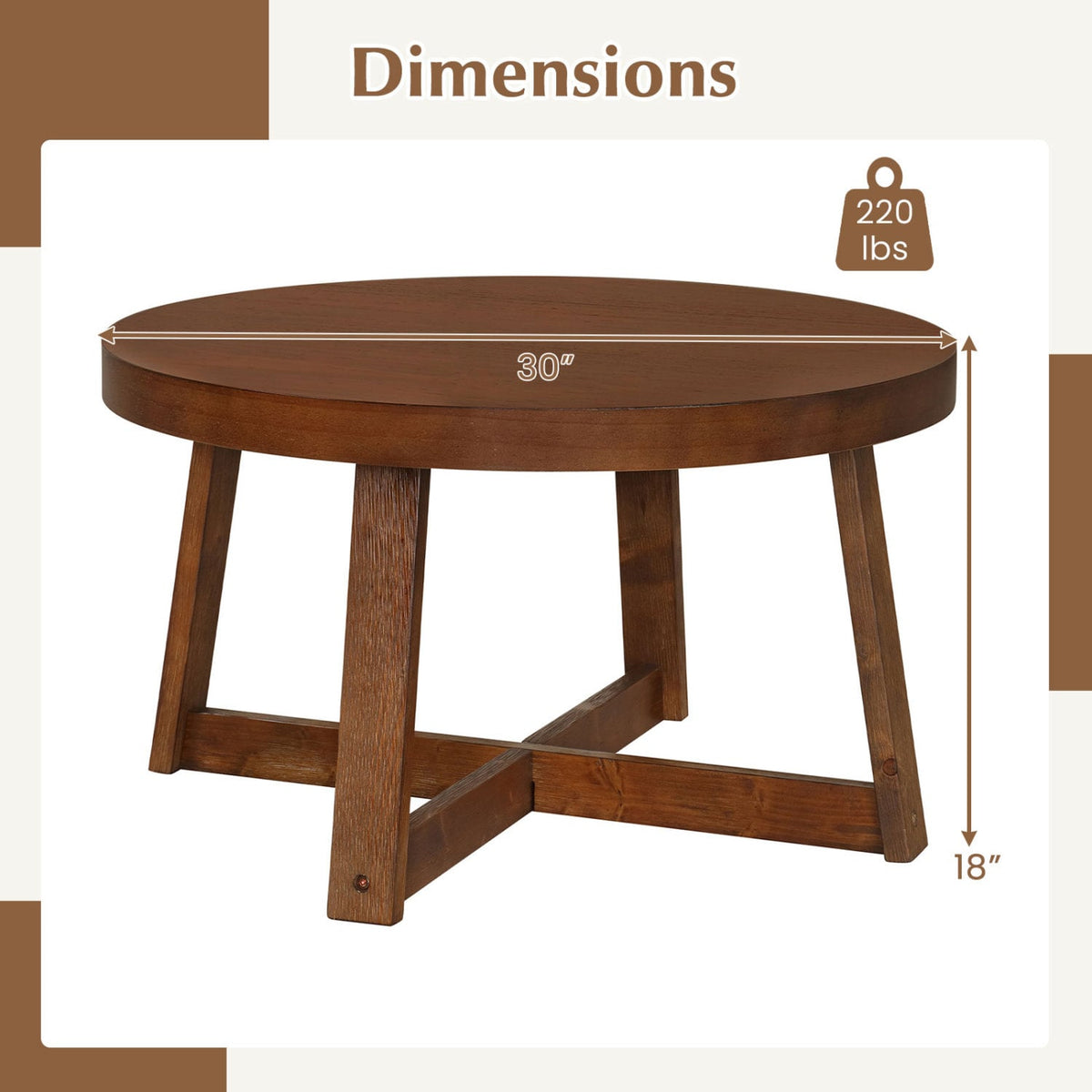 Round Coffee Table for Living Room 30 inch Farmhouse Accent Table with Study Rubber Wood Legs-Walnut-Coffee Tables-DECOROLALA
