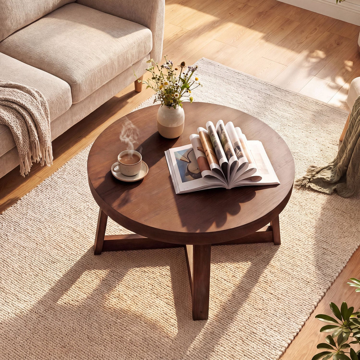 Round Coffee Table for Living Room 30 inch Farmhouse Accent Table with Study Rubber Wood Legs-Walnut-Coffee Tables-DECOROLALA