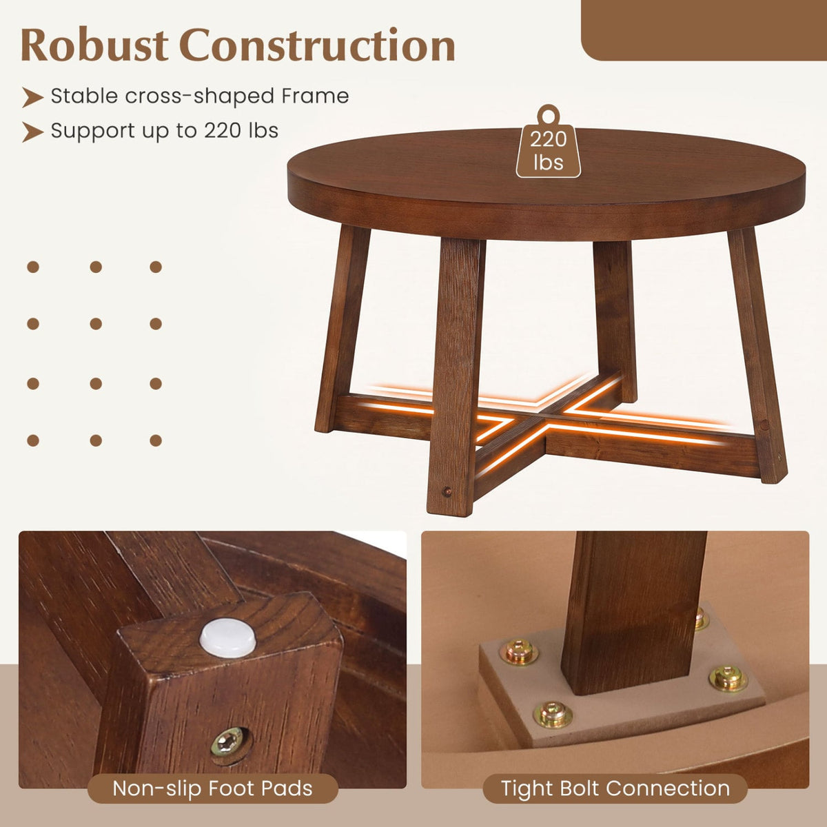 Round Coffee Table for Living Room 30 inch Farmhouse Accent Table with Study Rubber Wood Legs-Walnut-Coffee Tables-DECOROLALA