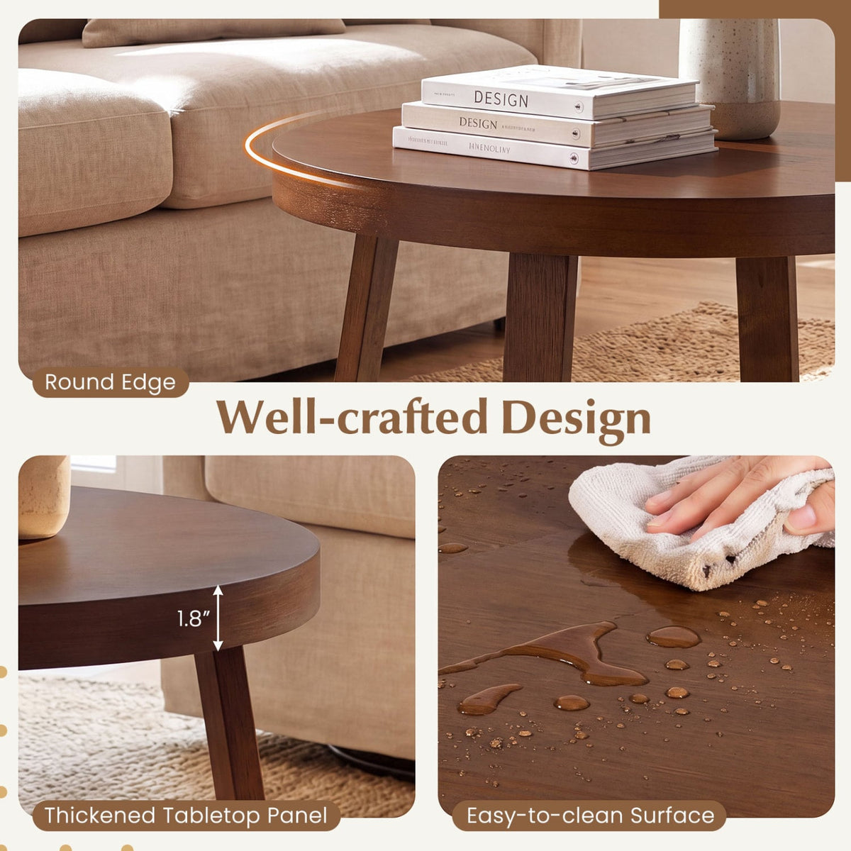 Round Coffee Table for Living Room 30 inch Farmhouse Accent Table with Study Rubber Wood Legs-Walnut-Coffee Tables-DECOROLALA