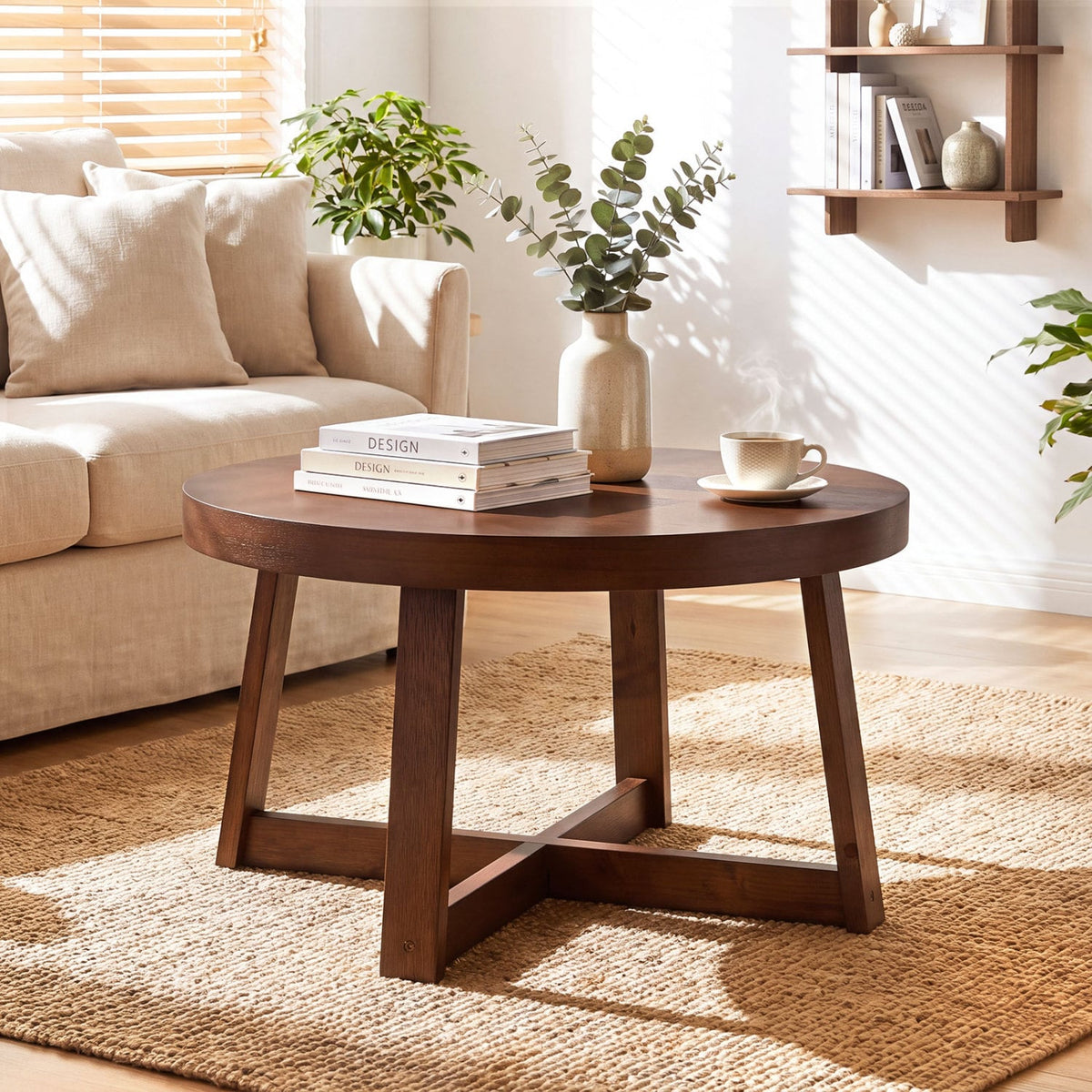 Round Coffee Table for Living Room 30 inch Farmhouse Accent Table with Study Rubber Wood Legs-Walnut-Coffee Tables-DECOROLALA