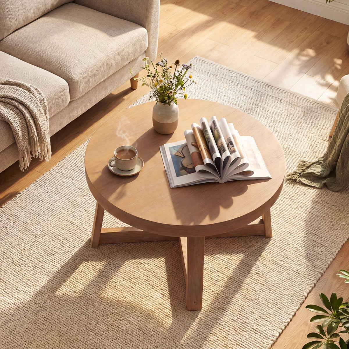 Round Coffee Table for Living Room 30 inch Farmhouse Accent Table with Study Rubber Wood Legs-Yellow-Coffee Tables-DECOROLALA