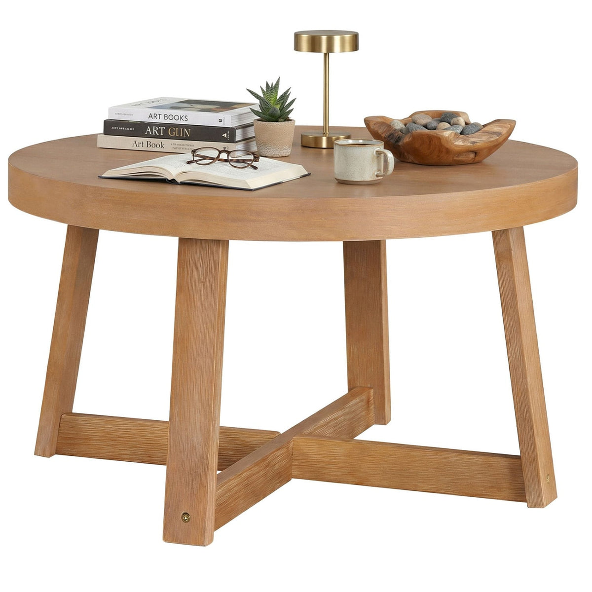 Round Coffee Table for Living Room 30 inch Farmhouse Accent Table with Study Rubber Wood Legs-Yellow-Coffee Tables-DECOROLALA
