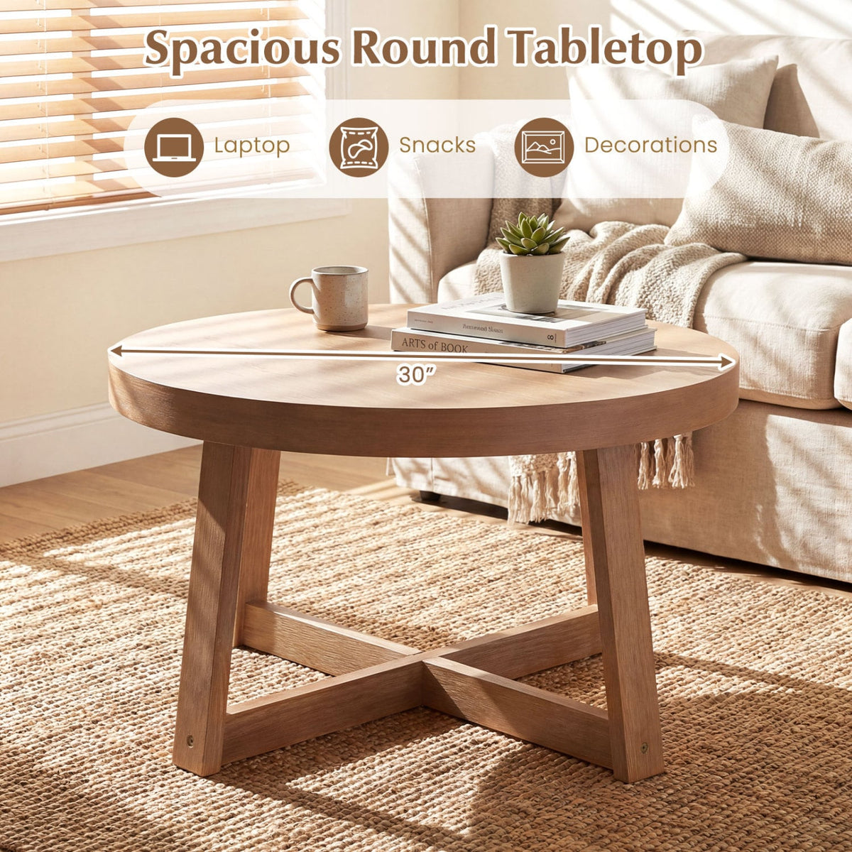 Round Coffee Table for Living Room 30 inch Farmhouse Accent Table with Study Rubber Wood Legs-Yellow-Coffee Tables-DECOROLALA