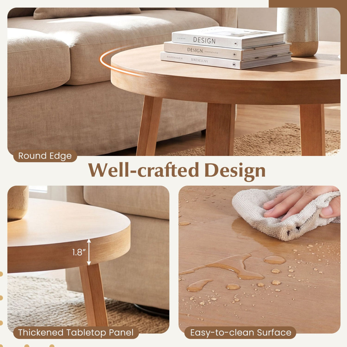 Round Coffee Table for Living Room 30 inch Farmhouse Accent Table with Study Rubber Wood Legs-Yellow-Coffee Tables-DECOROLALA
