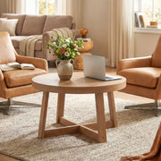 Round Coffee Table for Living Room 30 inch Farmhouse Accent Table with Study Rubber Wood Legs-Yellow-Coffee Tables-DECOROLALA