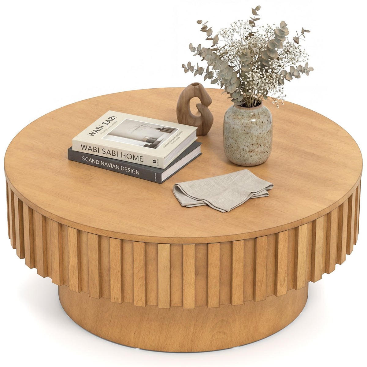 Round Coffee Table with Storage Modern Wooden Drum Coffee Table with Hidden Compartment-Natural-Coffee Tables-DECOROLALA