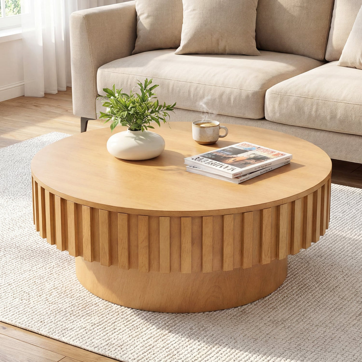 Round Coffee Table with Storage Modern Wooden Drum Coffee Table with Hidden Compartment-Natural-Coffee Tables-DECOROLALA