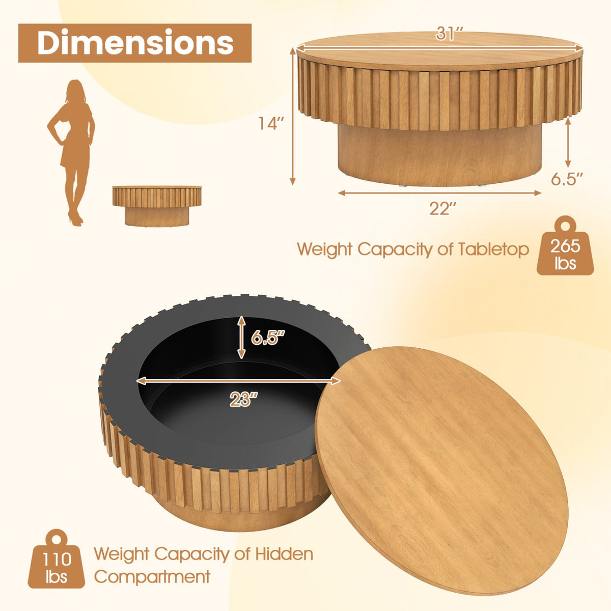 Round Coffee Table with Storage Modern Wooden Drum Coffee Table with Hidden Compartment-Natural-Coffee Tables-DECOROLALA