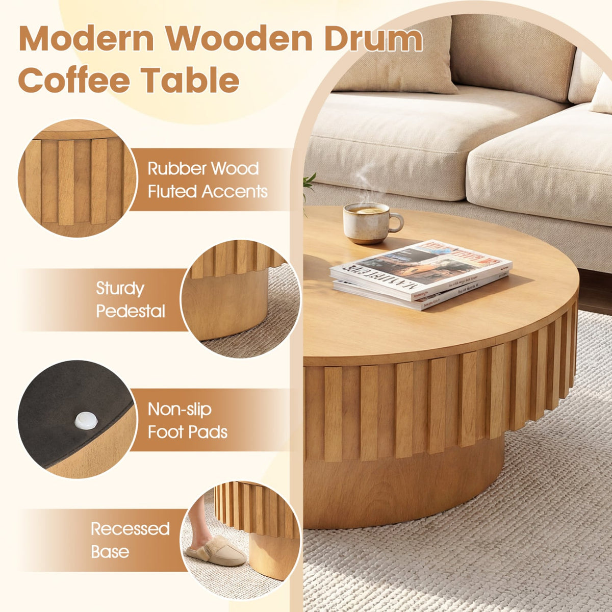 Round Coffee Table with Storage Modern Wooden Drum Coffee Table with Hidden Compartment-Natural-Coffee Tables-DECOROLALA