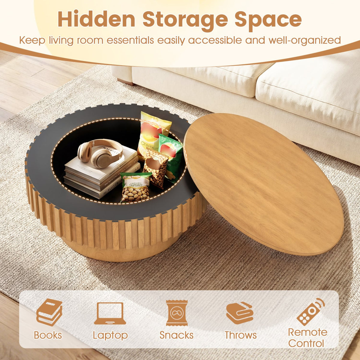 Round Coffee Table with Storage Modern Wooden Drum Coffee Table with Hidden Compartment-Natural-Coffee Tables-DECOROLALA