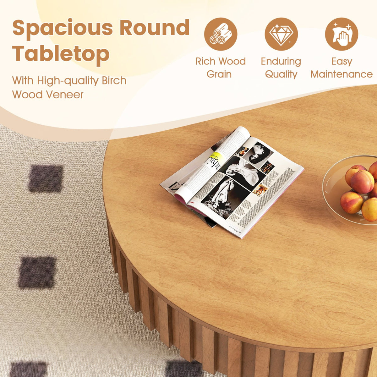 Round Coffee Table with Storage Modern Wooden Drum Coffee Table with Hidden Compartment-Natural-Coffee Tables-DECOROLALA