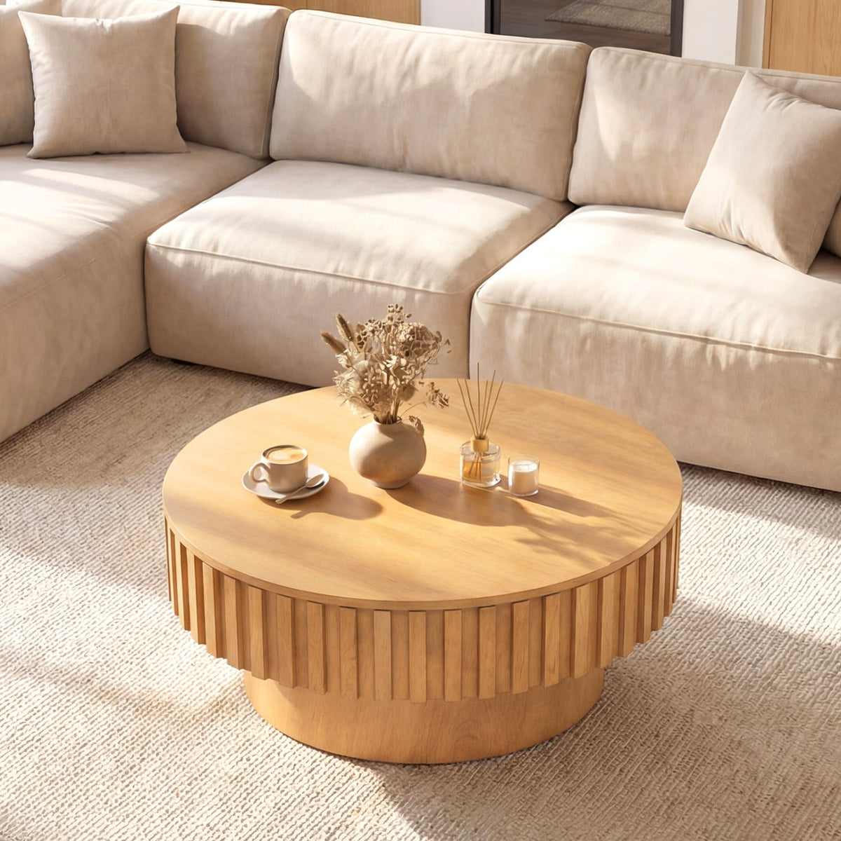 Round Coffee Table with Storage Modern Wooden Drum Coffee Table with Hidden Compartment-Natural-Coffee Tables-DECOROLALA