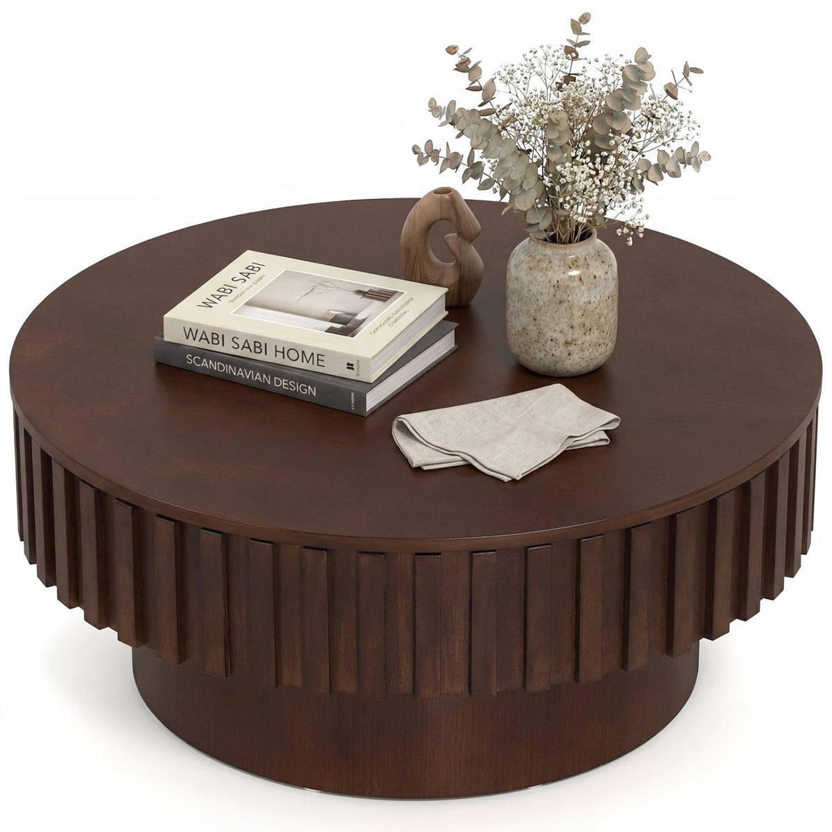 Round Coffee Table with Storage Modern Wooden Drum Coffee Table with Hidden Compartment-Walnut-Coffee Tables-DECOROLALA