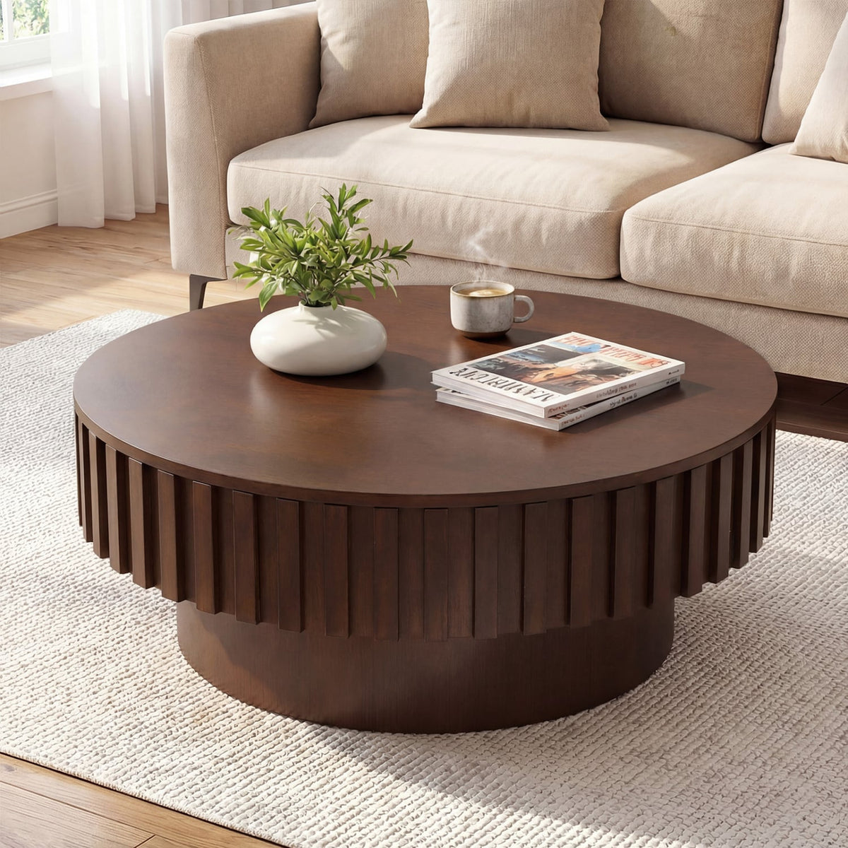 Round Coffee Table with Storage Modern Wooden Drum Coffee Table with Hidden Compartment-Walnut-Coffee Tables-DECOROLALA