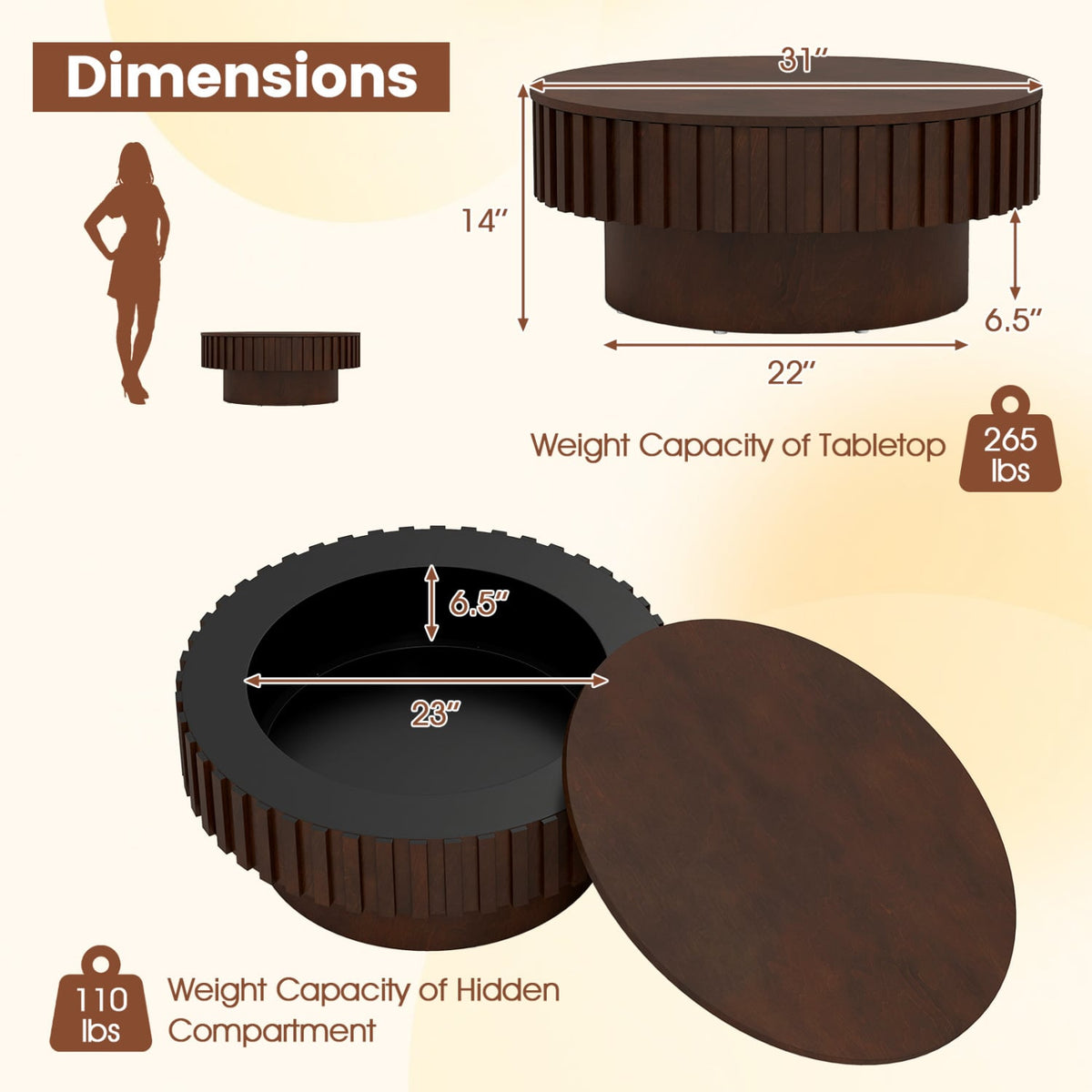 Round Coffee Table with Storage Modern Wooden Drum Coffee Table with Hidden Compartment-Walnut-Coffee Tables-DECOROLALA
