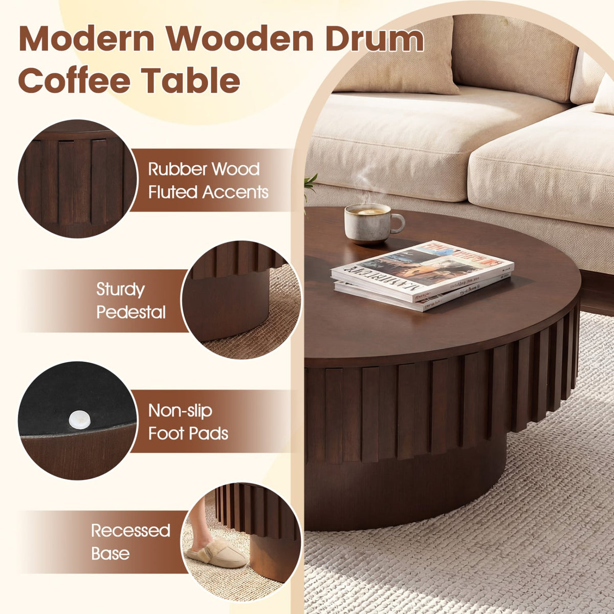 Round Coffee Table with Storage Modern Wooden Drum Coffee Table with Hidden Compartment-Walnut-Coffee Tables-DECOROLALA