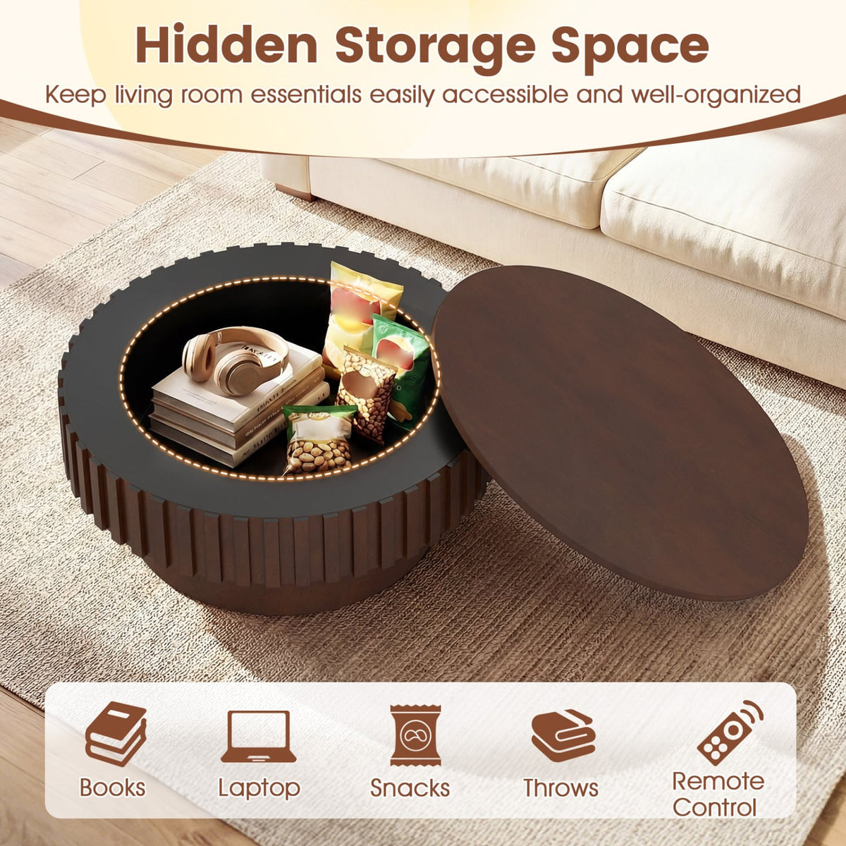 Round Coffee Table with Storage Modern Wooden Drum Coffee Table with Hidden Compartment-Walnut-Coffee Tables-DECOROLALA