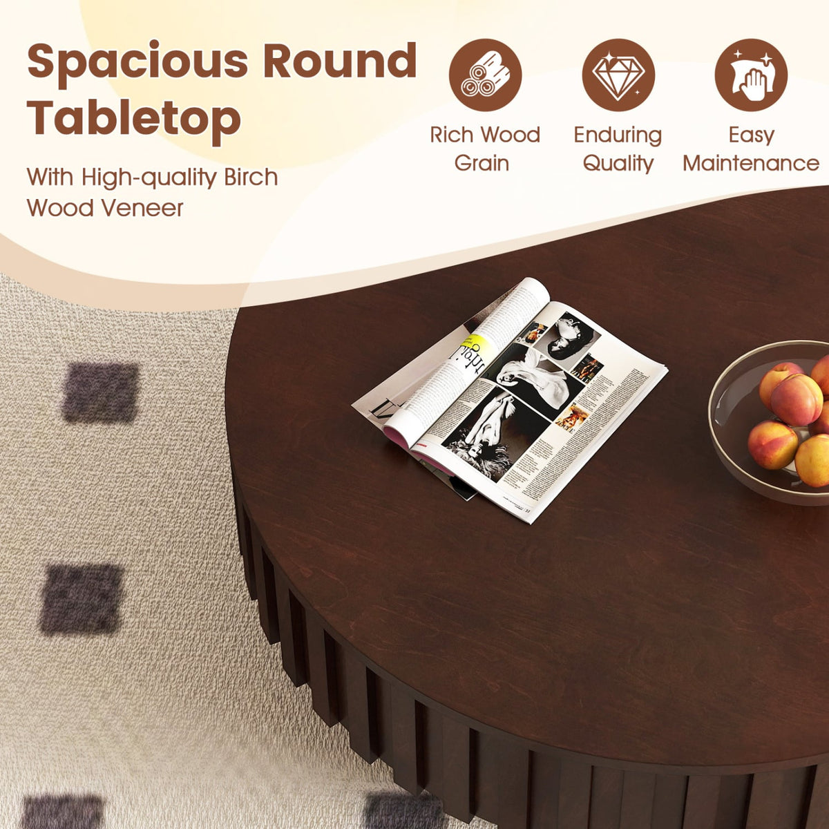 Round Coffee Table with Storage Modern Wooden Drum Coffee Table with Hidden Compartment-Walnut-Coffee Tables-DECOROLALA