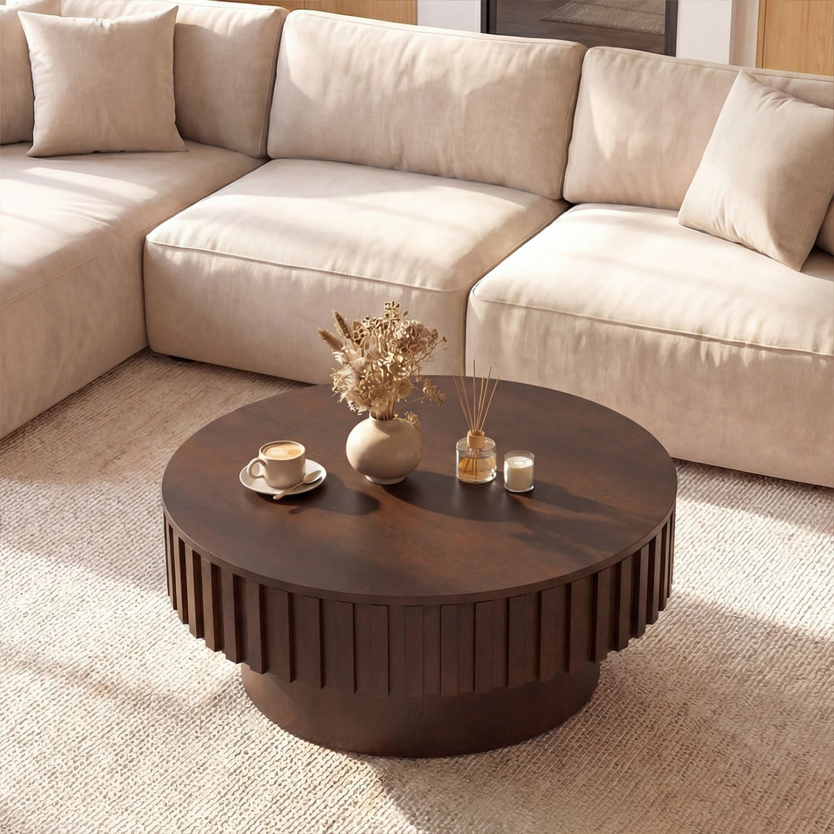 Round Coffee Table with Storage Modern Wooden Drum Coffee Table with Hidden Compartment-Walnut-Coffee Tables-DECOROLALA