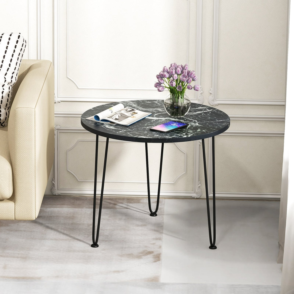 Round Coffee Table with Thickened Tabletop and Metal Tripod Legs-Black-End & Side Tables-DECOROLALA