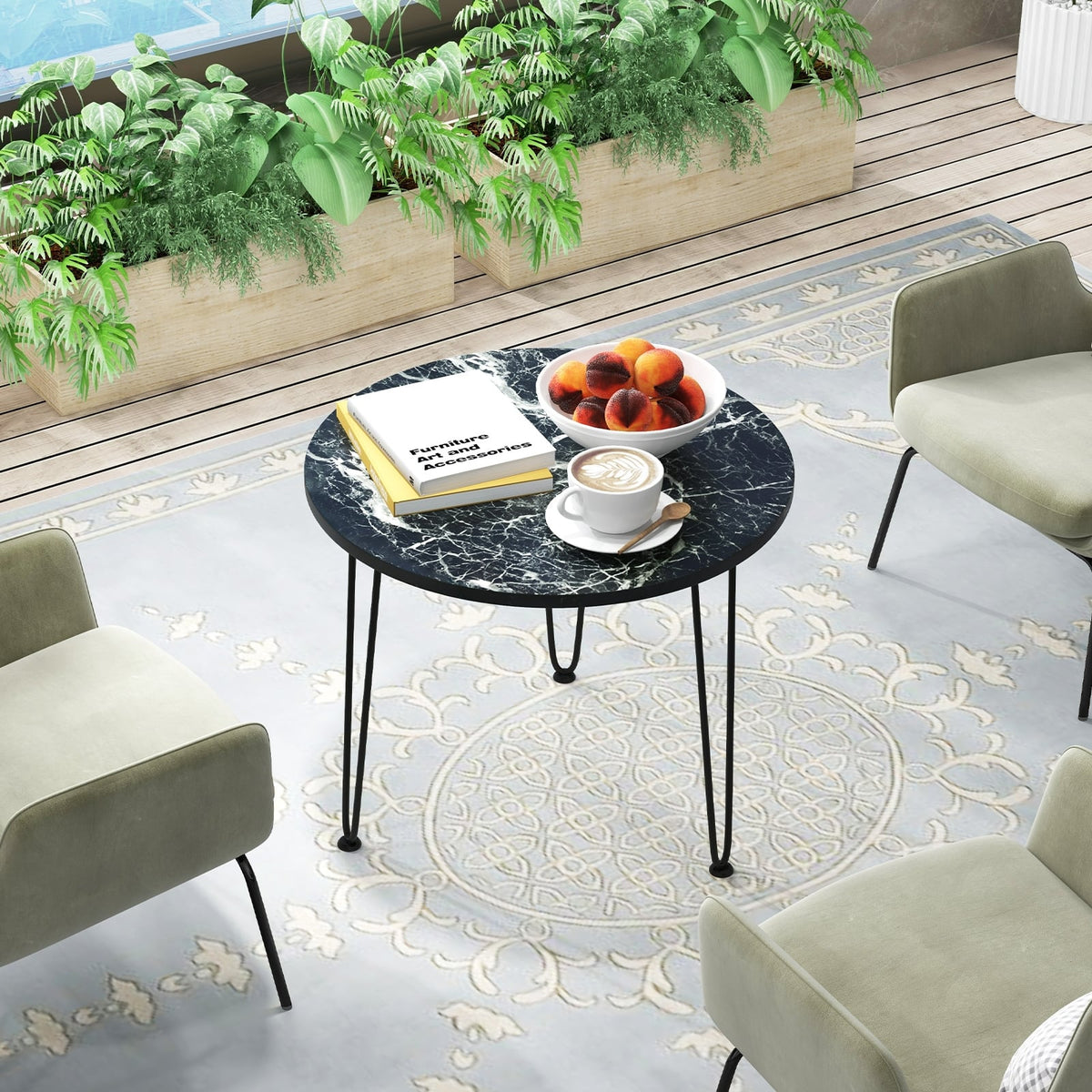 Round Coffee Table with Thickened Tabletop and Metal Tripod Legs-Black-End & Side Tables-DECOROLALA