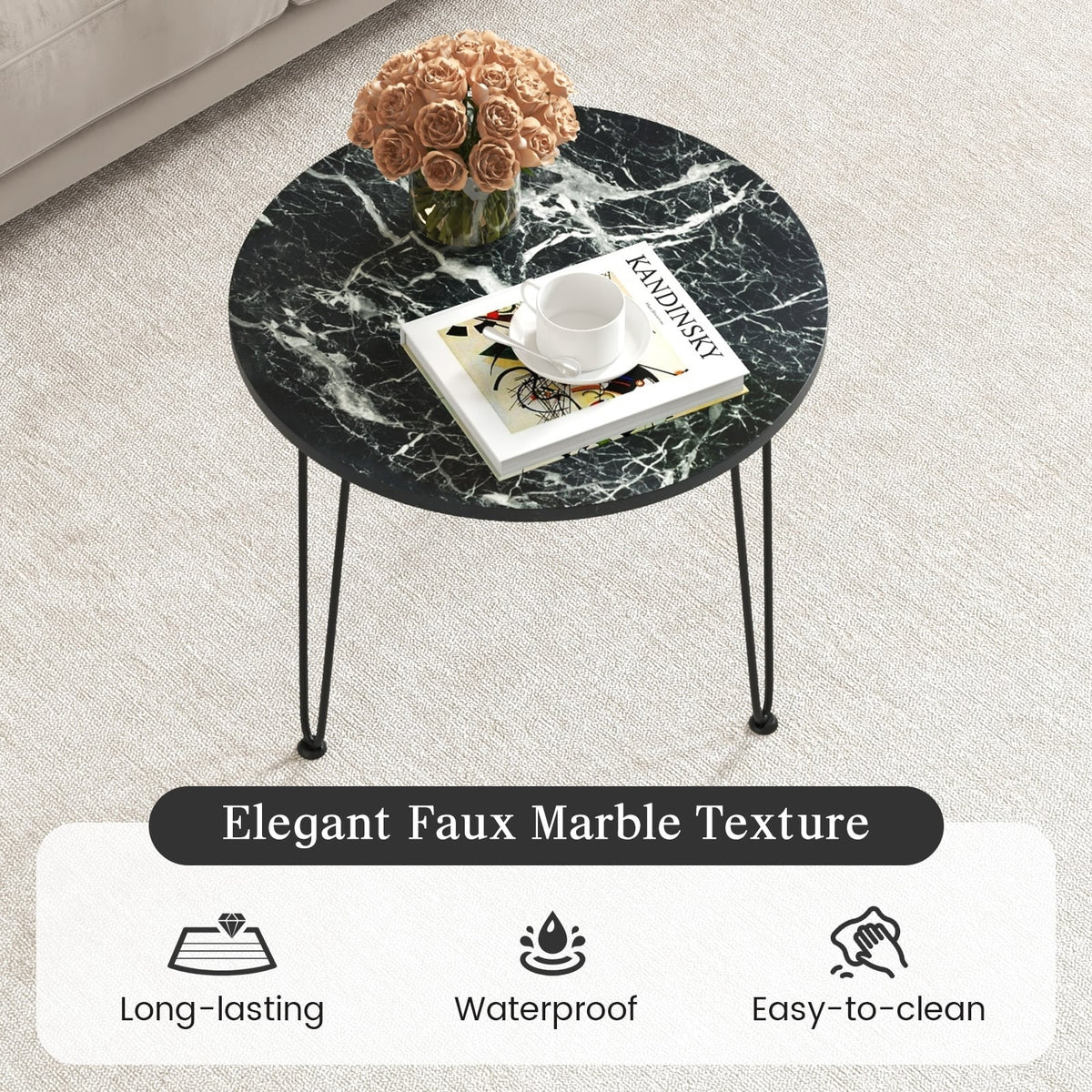 Round Coffee Table with Thickened Tabletop and Metal Tripod Legs-Black-End & Side Tables-DECOROLALA